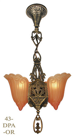 Art Deco Hanging Pendants 2 Light Lincoln Fleur de Lis Slip Shade in Antique Brass Finish (43-DPA-OR)