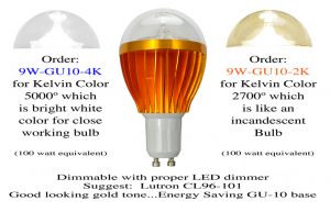 LED Light Bulb 9 Watt Dimmable with GU10 Base CA Title 24 Compliant (9W-GU10-X)