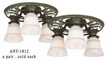 Matched pair of Turn of the Century, Three Light, Arts & Crafts, Low Ceiling Chandeliers. (ANT-1012)
