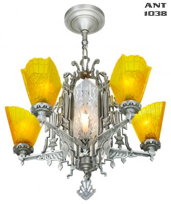 Art Deco Slip Shade Chandelier with Cut Glass Center Panels (ANT-1038)