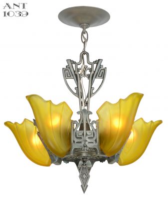 American Art Deco 5 Light Chandelier with Amber Shades (ANT-1039)