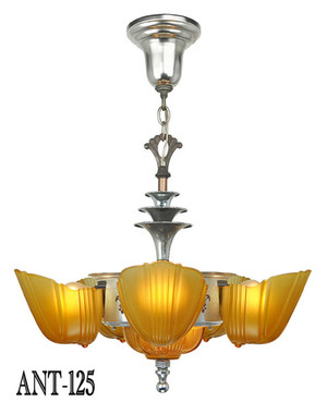 Original Antique Art Deco Slip Shade 6 Light Chandelier By Halcolite C1937 (ANT-125)