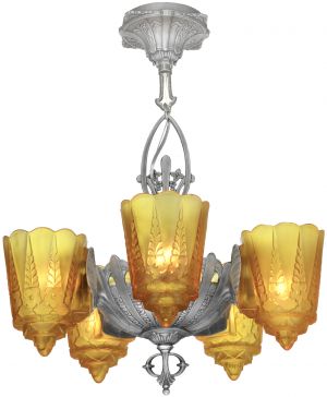 American Art Deco 5 Slip Shade Chandelier by Lincoln (ANT-1264)