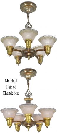 Matched Pair of Antique Art Deco 5-Light Chandeliers with Original Shades (ANT-1285)
