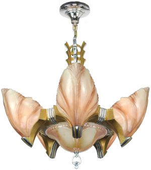 Art Deco 6-Shade Top-of-the-Line Clam Shell Chandelier by Mid-West (ANT-1356)