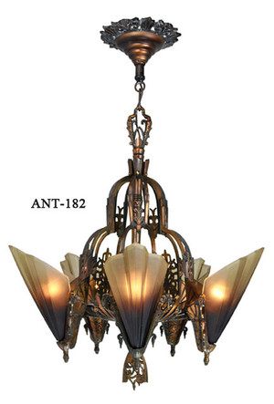 Antique Art Deco Slip Shade Soleure 5-Light Chandelier (ANT-182B)