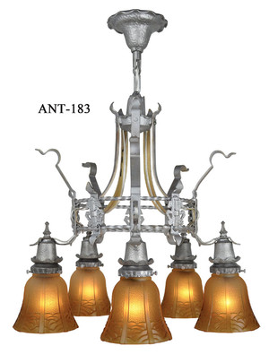 Arts and Crafts Style 5 Light Hammered Antique Chandelier Circa 1920 (ANT-183)