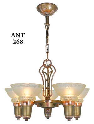 Antique Art Deco Lincoln 5 Light Chandelier with Original Shades (ANT-268)