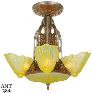 American Art Deco 7 light, 6 shade, chandelier by Lightolier (ANT-284)