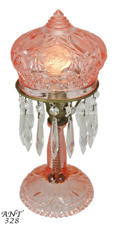 1920's + Press-Cut Glass Small Pink Tinted Bedroom Lamp (ANT-328)