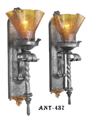 Pair of Gothic or Medieval Iron Sconces with Crackle Glass Shades (ANT-437)