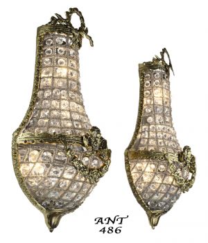 Antique French Basket Style Crystal Wall Sconce Lights - Pair (ANT-486)