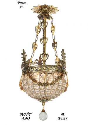 Pair of Vintage European Victorian Basket Style Crystal Ball Chandeliers (ANT-490)