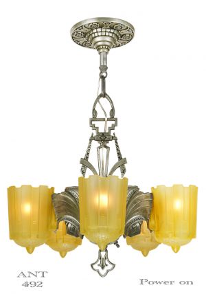 Art Deco Antique 5 Light Slip Shade Chandelier Circa 1935 by Lincoln Mnf (ANT-492)
