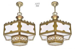 Gothic or Arts and Crafts Style Pair of White Glass Panel Chandeliers (ANT-519)
