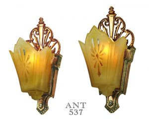 Art Deco Antique Wall Sconces w/ Amber Color Slip Shades 1930s Lights (ANT-537)