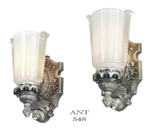 Antique Edwardian Wall Sconces - Pewter Color Lights Tall Urn Shades (ANT-548)