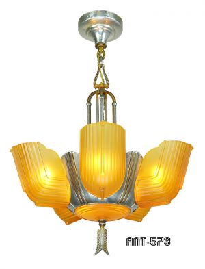 Art Deco Streamline Slip Shade 6 Light Antique Chandelier by Lincoln (ANT-573)