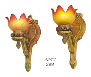 Pair of Antique Wall Sconces Polychrome Lights Multi-Color Lighting (ANT-599)