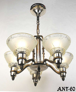 Antique Art Deco Mid-West 5 Light Chandelier With Original Shades (ANT-60)