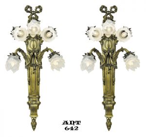 Antique French Wall Sconces Pair of Large 5 Arm Floral Light Fixtures (ANT-642)