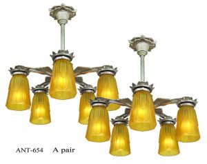 Art Deco Chandeliers Pair 5 Arm Pewter Ceiling Lights 1930s Fixtures (ANT-654)
