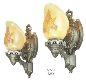 Antique Wall Sconces Pair 1920s Lights with Custard Shades Lightolier (ANT-687)