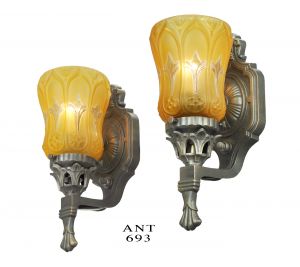 Antique Wall Sconces Pair of Edwardian Style Lights with Amber Shades (ANT-693)