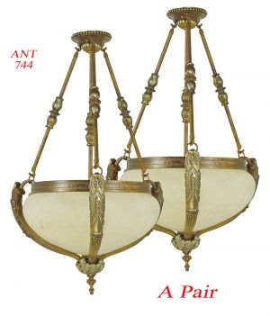 Vintage Rewired Pair of Edwardian Chandeliers Ceiling Bowl Lights (ANT-744)