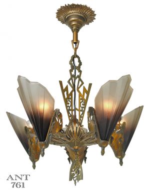 Antique Art Deco Chandelier 5 Slip Shade Soleure Light by Mid West (ANT-761)