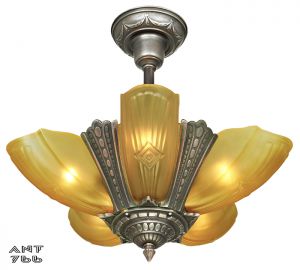 Art Deco Slip Shade Chandelier Antique 5 Light Ceiling Fixture Puritan (ANT-766)