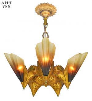Antique Mid West Mnf Art Deco Chandelier 5 Slip Shade Ceiling Light (ANT-788)