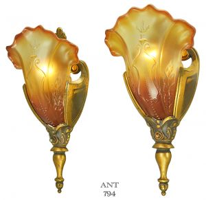 Pair of Art Deco Sconces Solid Bronze Antique Slip Shade Wall Lights (ANT-794)