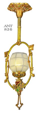 Antique Edwardian Pendant Light Polychrome Heraldic Ceiling Fixture (ANT-826)