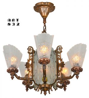 Art Deco 6-Light Chandelier Original Red Bronze Finish and Cut Glass (ANT-832)