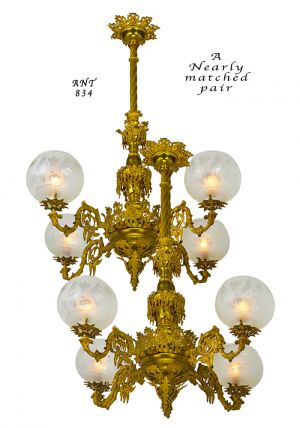 Pair of Antique Chandeliers Victorian Neo Rococo 4 Arm Gas Lighting (ANT-834)