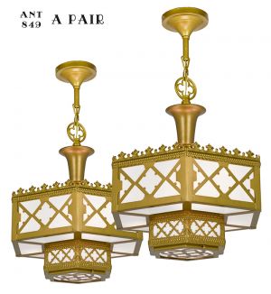 Pair of Antique Chandeliers Gothic or Arts and Crafts Ceiling Lights (ANT-849)