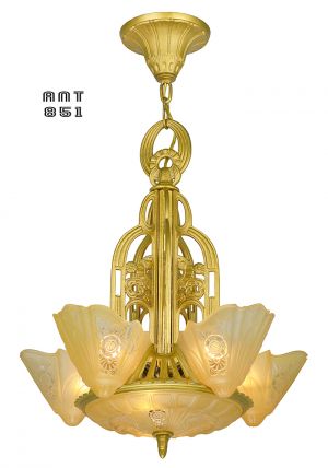 Art Deco 6 Shade Chandelier Slip Shade Ceiling Light by Lightolier (ANT-851)
