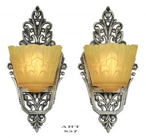 Art Deco Wall Sconces Pair of Antique Slip Shade Lincoln Nile Lights (ANT-857)