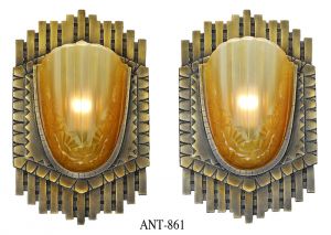 Art Deco Pair Large Bronze Sconces French Slip Shade Antique Lights (ANT-861-1)