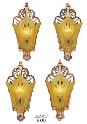 Set of 4 Antique Art Deco Sconces Original Red Bronze Finish Lights (ANT-869)