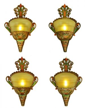 Art Deco Slip Shade Sconces Set of 4 Antique Polychrome Wall Lights (ANT-886)