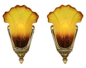 Antique Slip Shade Art Deco Sconces Pair Mid-West 1930s Wall Lights (ANT-896)