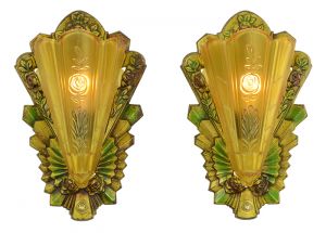 Art Deco Wall Sconces Pair of Antique Polychrome Slip Shade Lights (ANT-899)