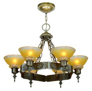 1920s Chandelier 6-Light Arts and Crafts Steel Ring Ceiling Fixture (ANT-902)