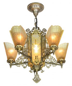 Art Deco Slip Shade Chandelier with etched glass center panels (ANT-905)