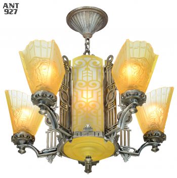 Art Deco Slip Shade Chandelier with Etched Glass Center Panels (ANT-927)