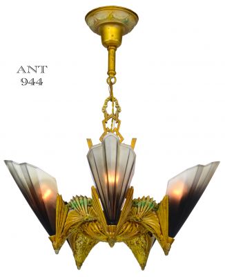 Five Light, Brown Tip Shade, Chandelier by Mid West Mnf 1930 (ANT-944)