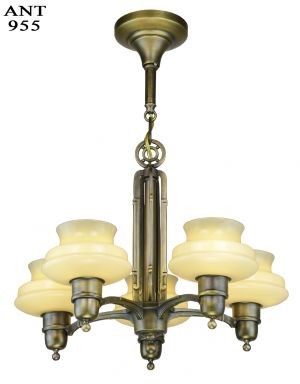Art Deco Streamline 5 Light Chandelier with Custard Colored Shades (ANT-955)
