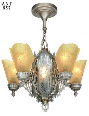 Art Deco Slip Shade Chandelier with Cut Glass Center Panels (ANT-957)